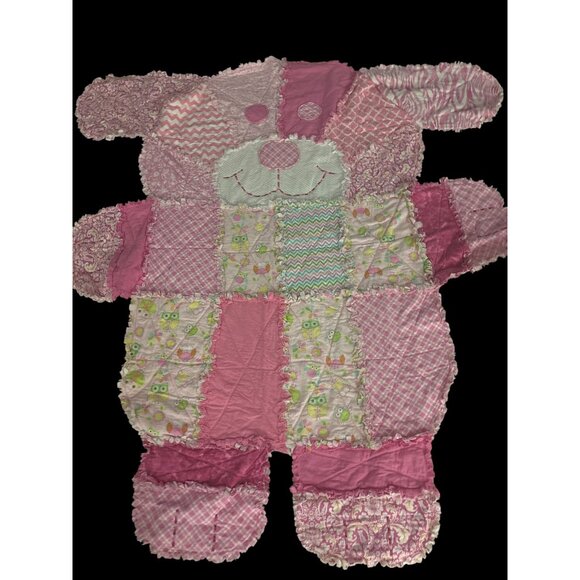 Pink Patchwork Bear-Shaped Quilt With Fringe & Owl Patterns For Toddlers Babies - Picture 4 of 16